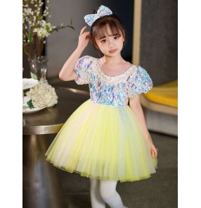 Kids Yellow with silver sequins glitter jazz dance dress tutu skirt party choir host singer piano stage performance dress princess skirts for girls 
